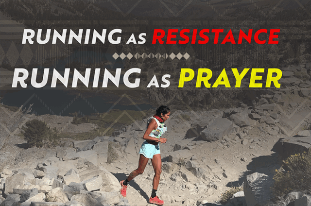 A person runs on a rocky trail with the text "Running as Resistance, Running as Prayer" overlaid on the image.