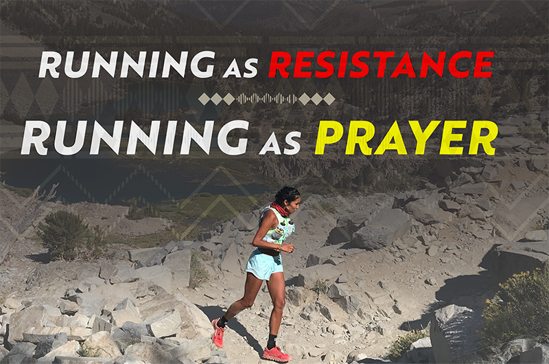 A person runs on a rocky trail with the text "Running as Resistance, Running as Prayer" overlaid on the image.